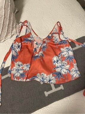 Free People Coral Floral V-Neck Cami with Blue & White Print